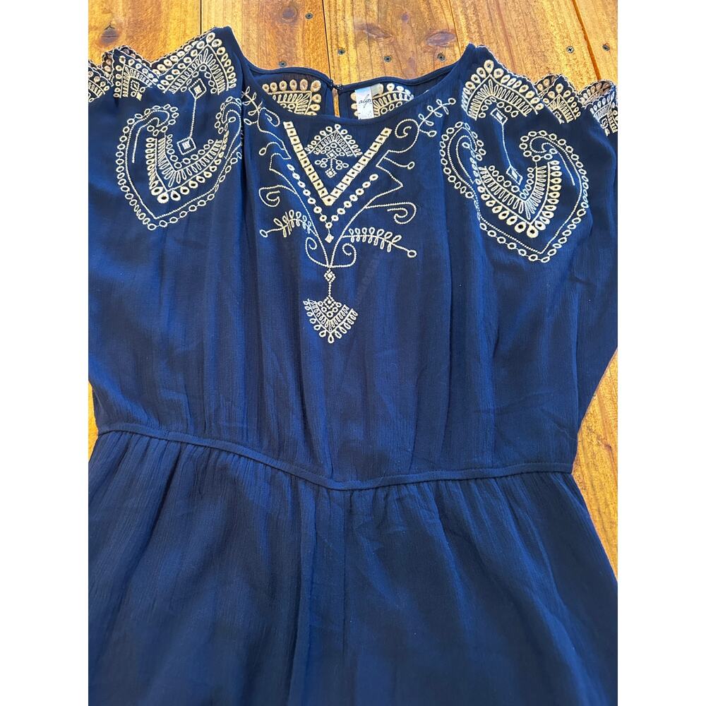 Alya Navy Blue Embroidered Boho Cold Shoulder Romper Cutout Flutter Sleeve S M - Picture 4 of 10
